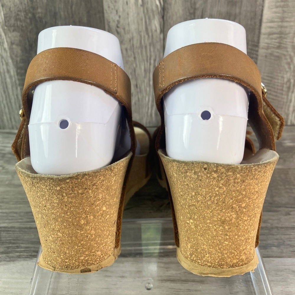 Mephisto Air-Relax Tan Leather Cork Wedge Sandals Gold Buckle Womens Size 40 - Picture 4 of 9